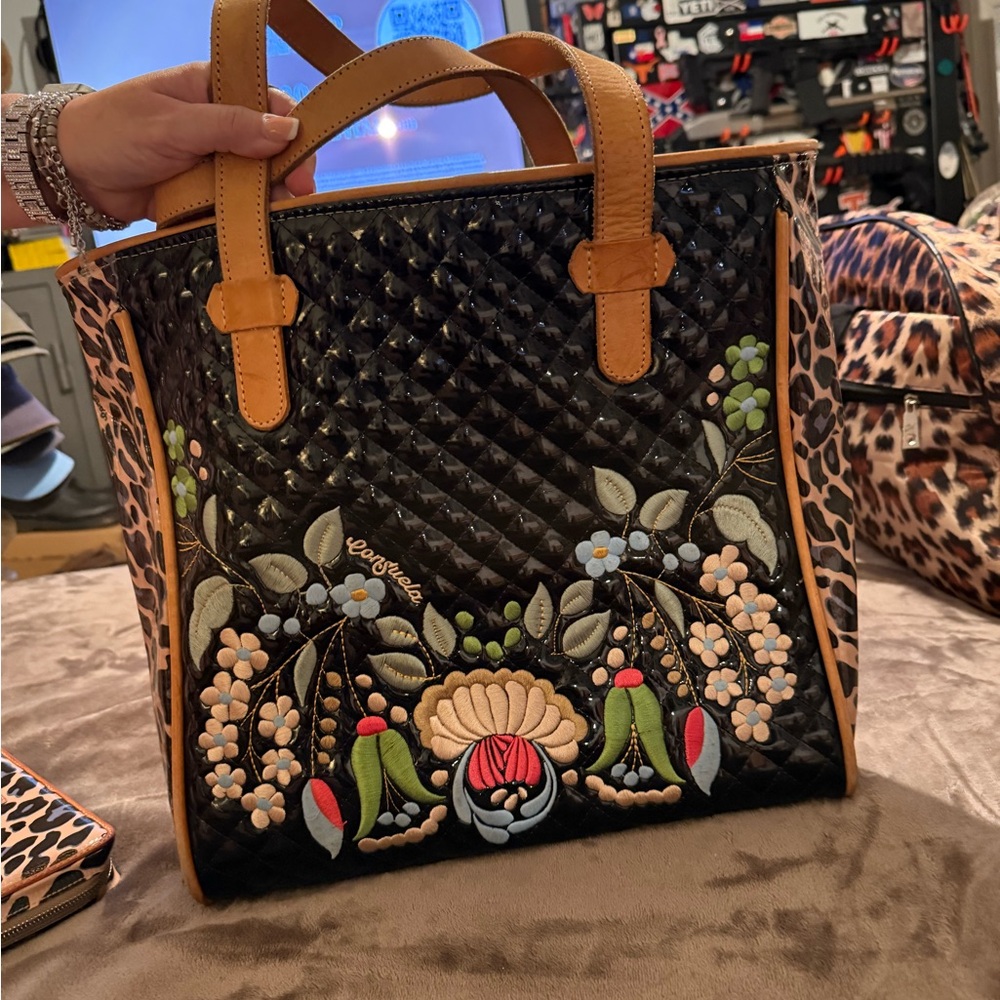 Consuela Black and Tan Embroidered Tote